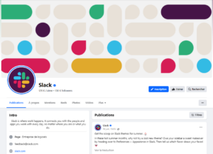Exemple : Page Facebook de la solution Slack avec le bouton d’action (CTA) personnalisé “Inscription”